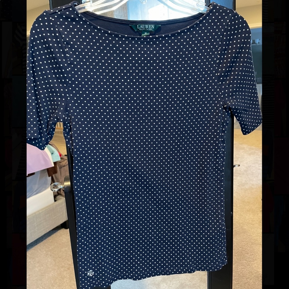 Ralph Lauren Womens Navy, Boat Neck, Polka Dot Top, Size M